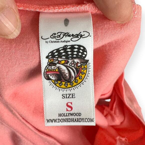 Ed Hardy Peach Pink Short Sleeve V Neck Airbrushed Y2K Night Shirt Women's S - Picture 11 of 11